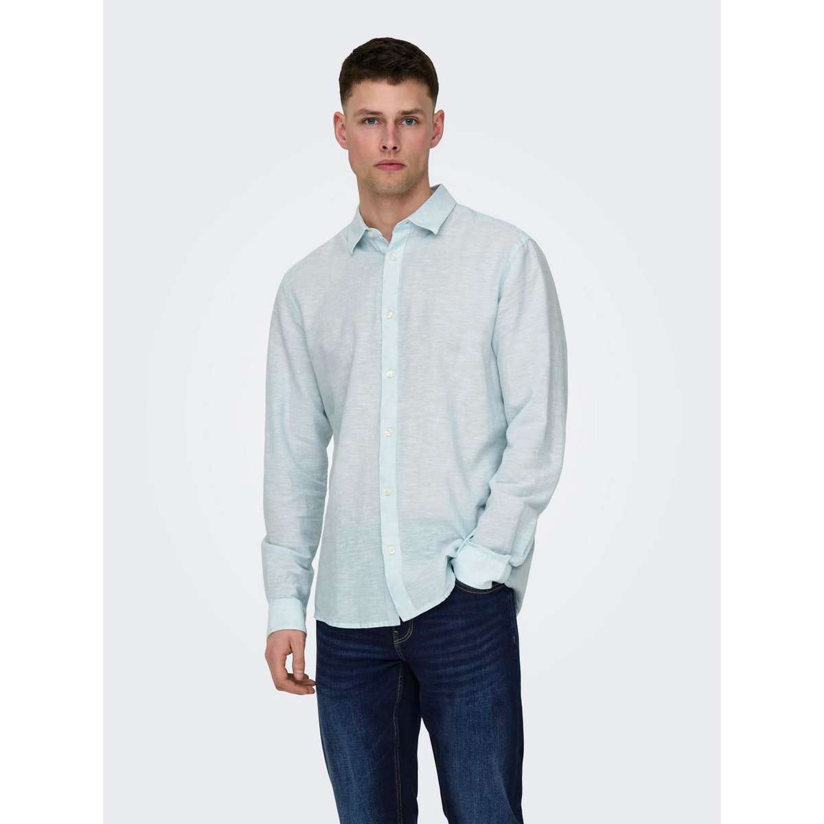 ONLY & SONS MEN΄S SLIM FIT SOLID LINEN LONSLEEVE SHIRT 22012321 CASHMERE BLUE  - Μπλε - XXL
