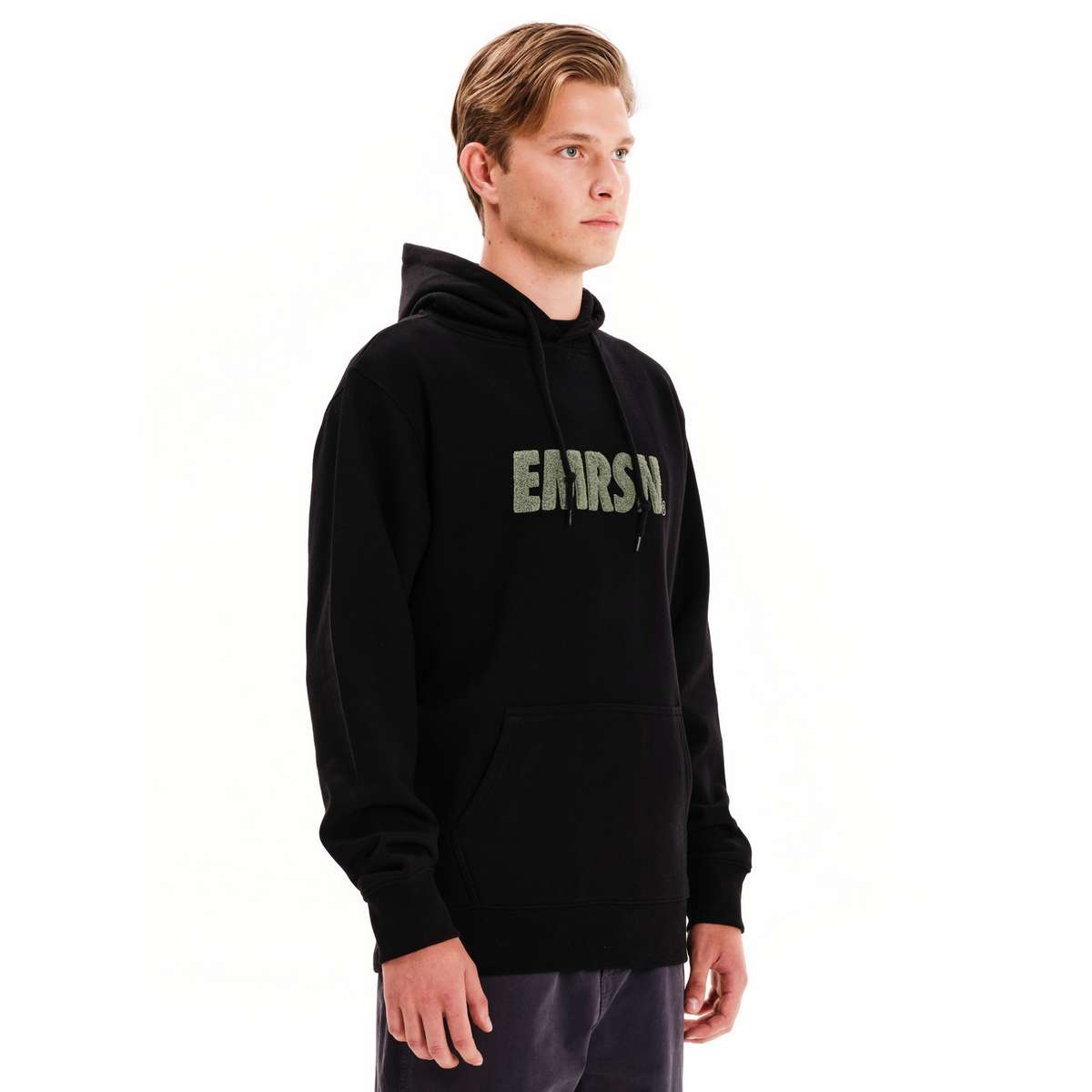 EMERSON MEN’S REGULAR FIT COTTON LOGO PULLOVER HOODIE 252.EM20.11-BLACK