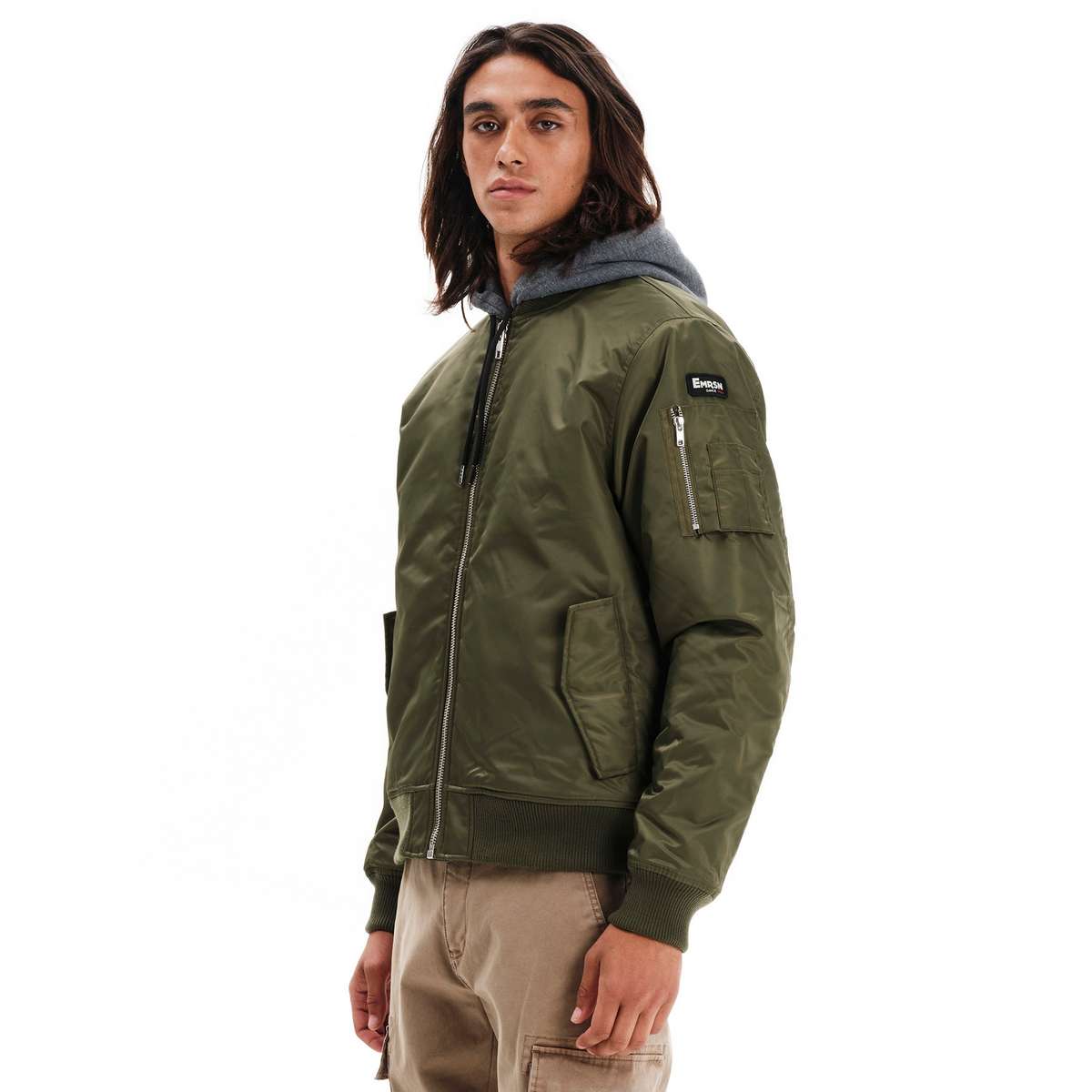 EMERSON MEN’S REGULAR FIT NYLON FLIGHT JACKET WITH DETACHABLE HOOD 252.EM10.59 OLIVE