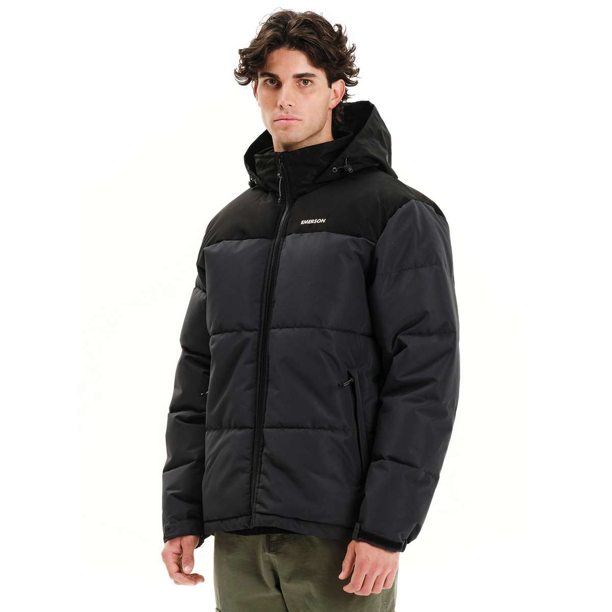 EMERSON MEN’S REGULAR FIT POLYESTER PUFFER JACKET WITH ROLL-IN HOOD 252.EM10.79 EBONY/BLACK