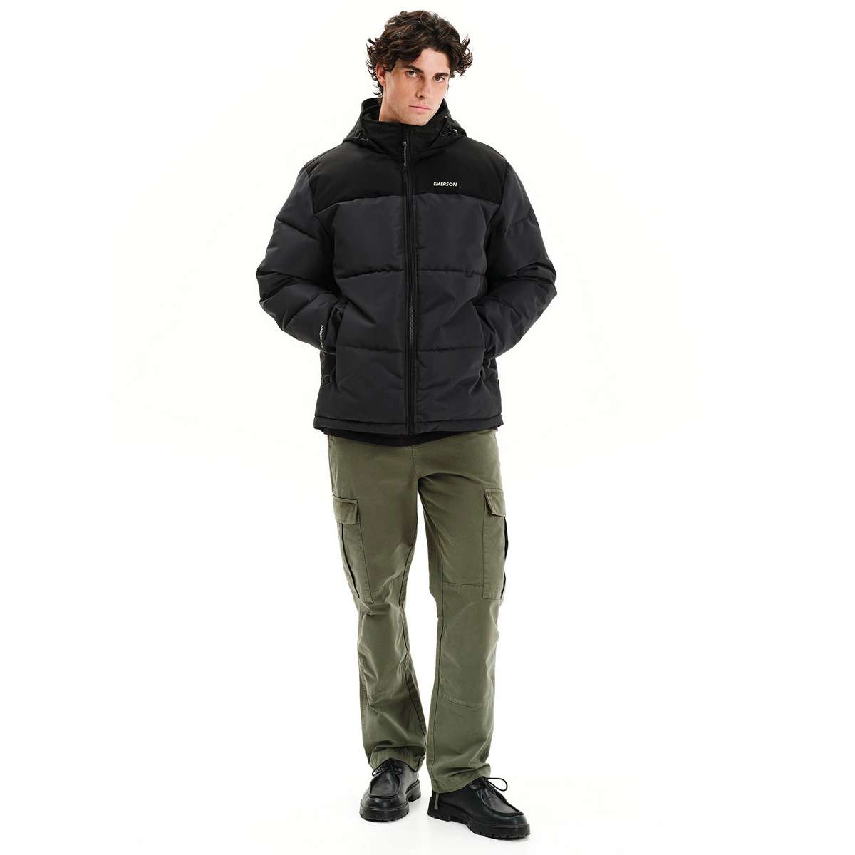 EMERSON MEN’S REGULAR FIT POLYESTER PUFFER JACKET WITH ROLL-IN HOOD 252.EM10.79 EBONY/BLACK