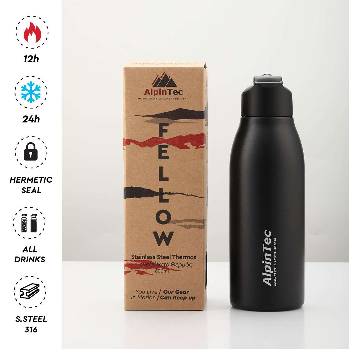 AlpinPro Μπουκάλι Θερμός Ανοξείδωτο 600ml FELLOW ΜΑΥΡΟ με Καλαμάκι και Λαβή TH-600BL