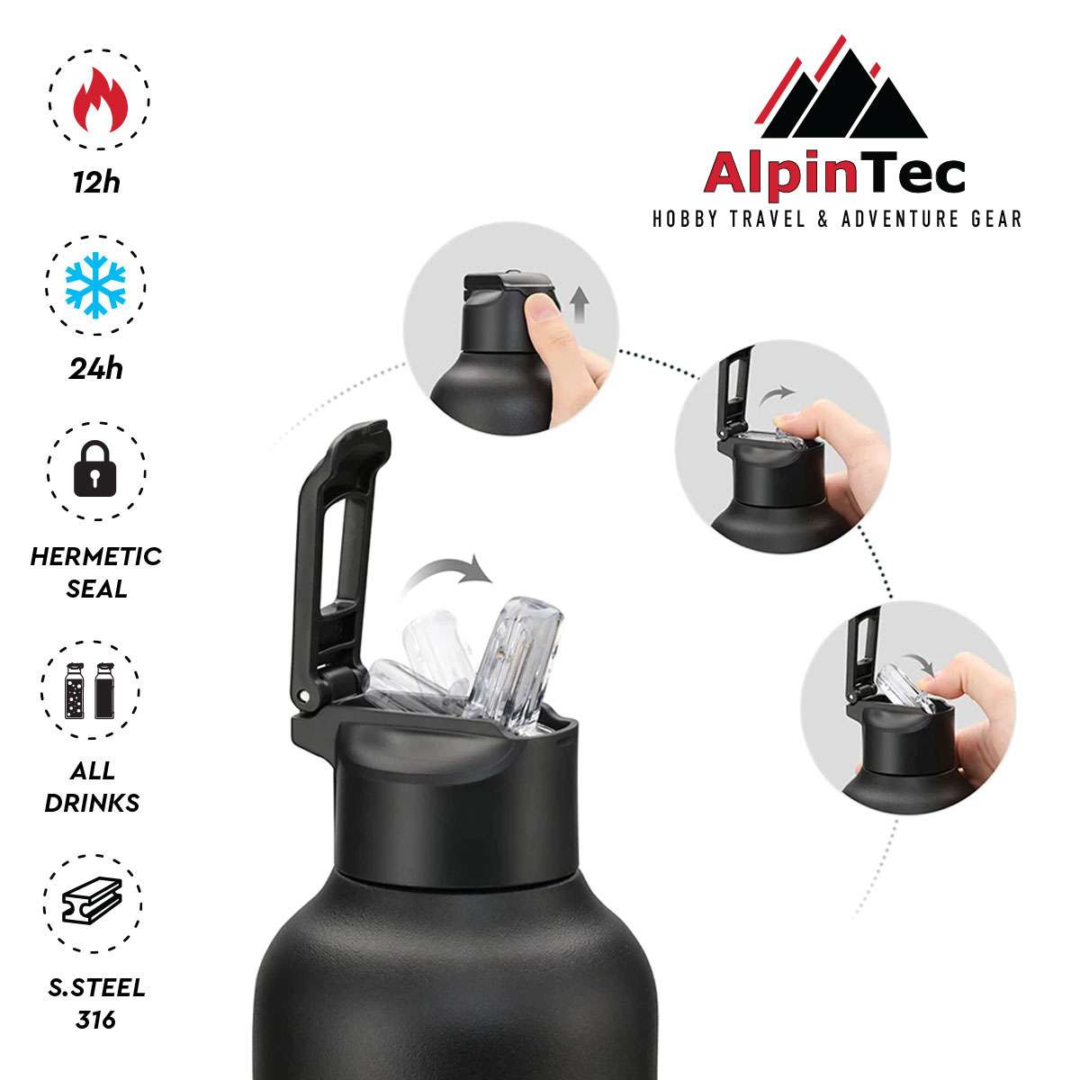 AlpinPro Μπουκάλι Θερμός Ανοξείδωτο 600ml FELLOW ΜΑΥΡΟ με Καλαμάκι και Λαβή TH-600BL