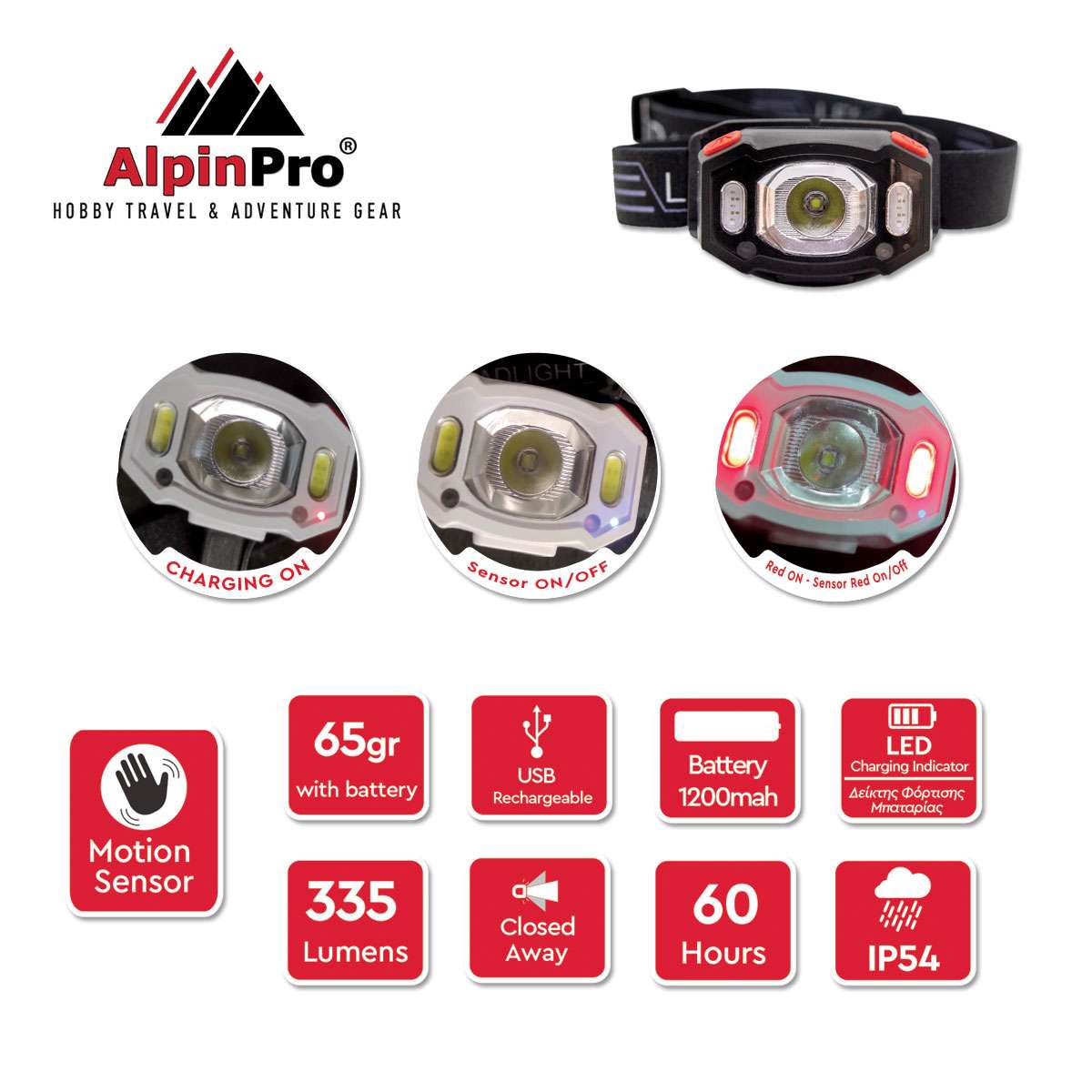 AlpinPro Επαναφορτιζόμενος Φακός Κεφαλής LED IPX4 με Μέγιστη Φωτεινότητα 335lm