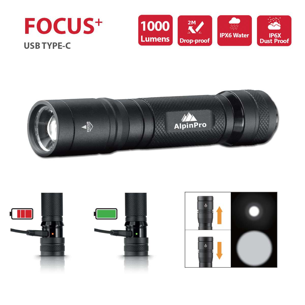 AlpinPro Επαναφορτιζόμενος Φακός LED IPX6 με Μέγιστη Φωτεινότητα 1000lm TM-04R-C