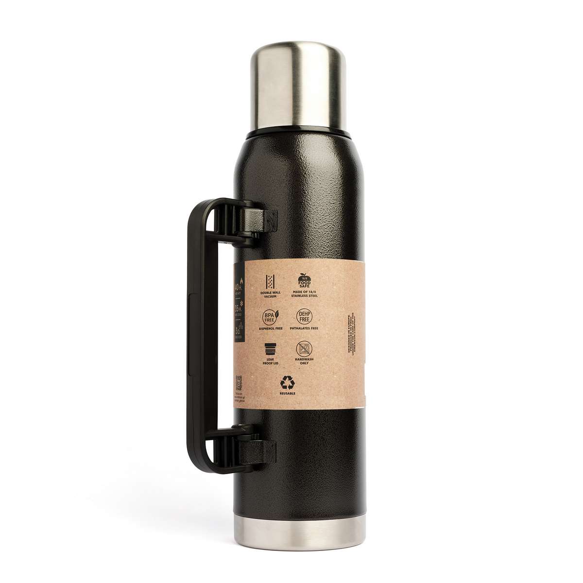 Emerson Ανακυκλώσιμο Μπουκάλι Θερμός Ανοξείδωτο BPA Free 1.3lt Μαύρο με Λαβή Black