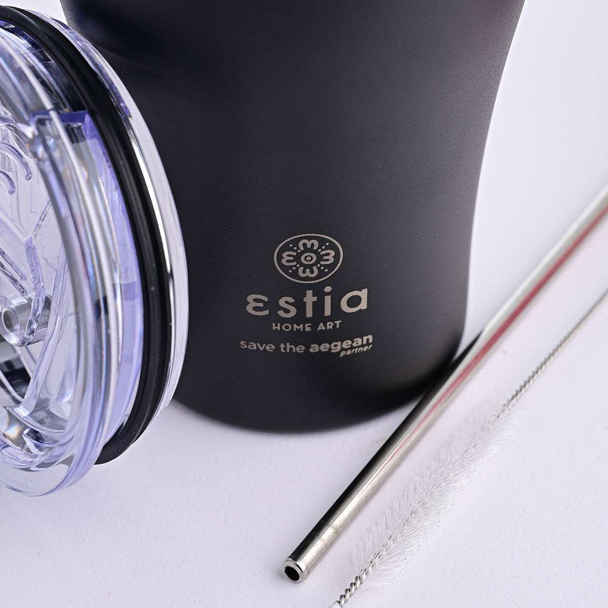 Estia Coffee Mug Save The Aegean Θερμός Ανοξείδωτο BPA Free 350ml Midnight Black με Καλαμάκι