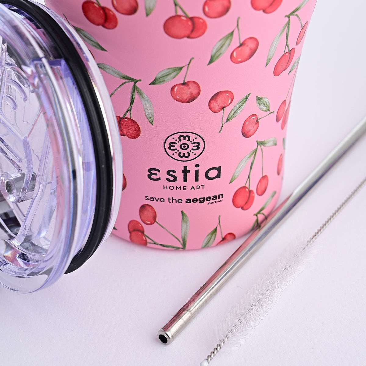 Estia Coffee Mug Save The Aegean Θερμός Ανοξείδωτο BPA Free 350ml Cherry Rose με Καλαμάκι