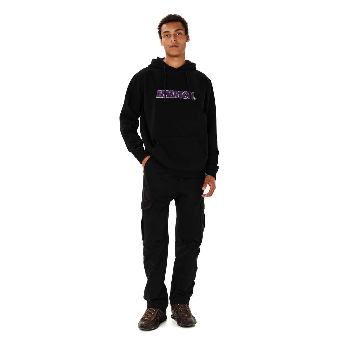 EMERSON LOGO MEN’S REGULAR FIT COTTON PULLOVER HOODIE BLACK