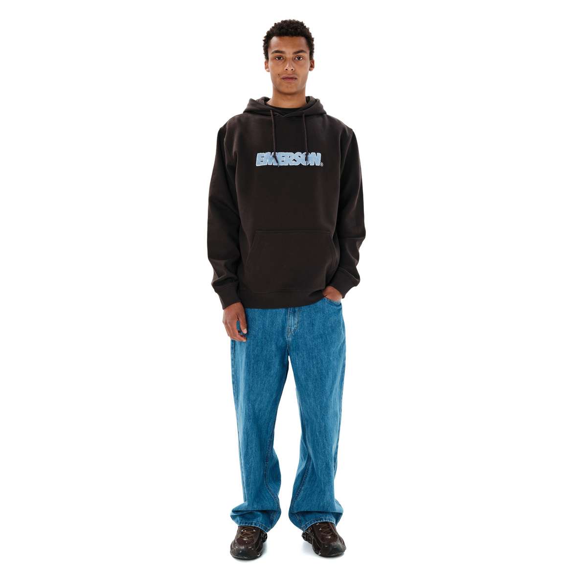 EMERSON LOGO MEN’S REGULAR FIT COTTON PULLOVER HOODIE COFFEE BROWN