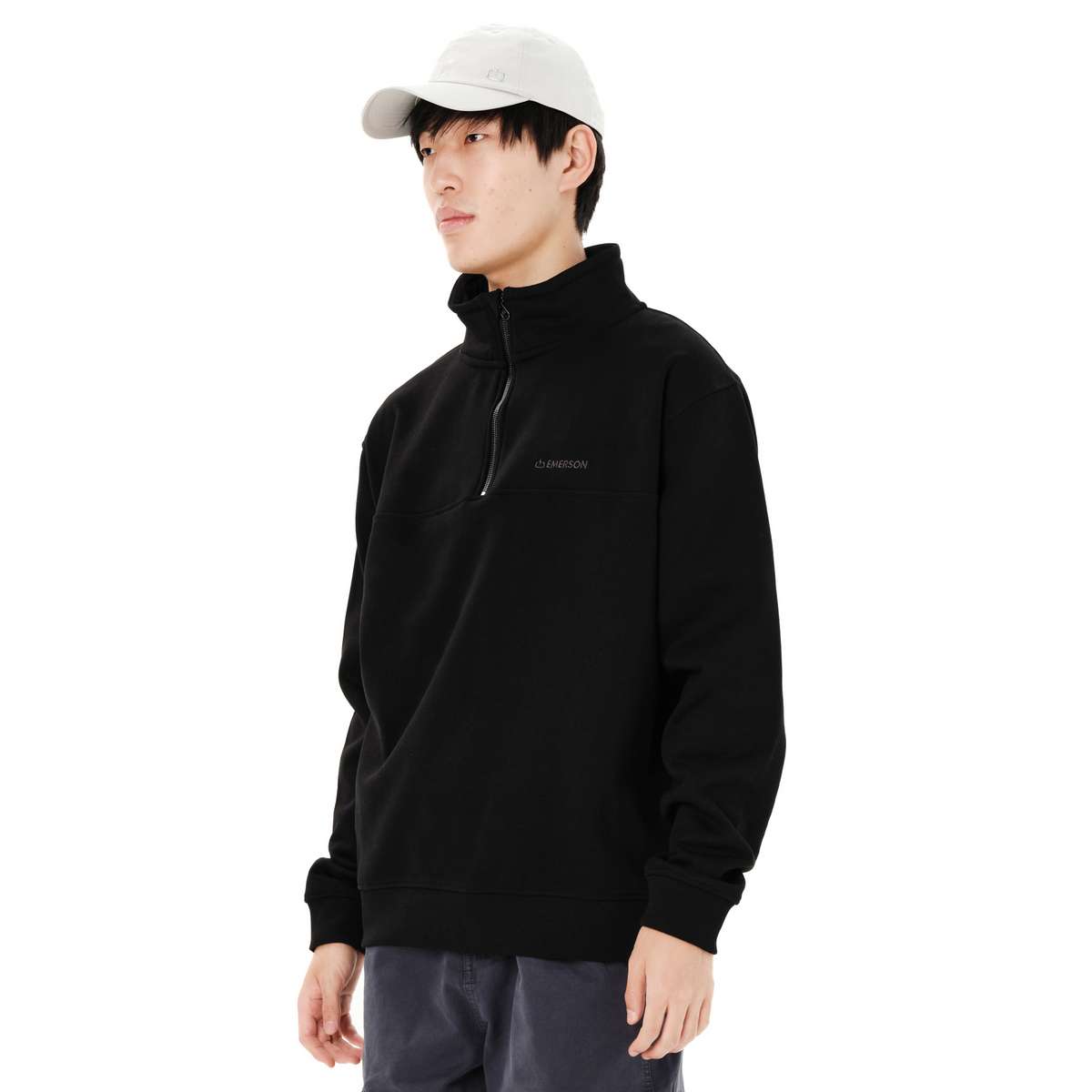 EMERSON MEN’S REGULAR FIT COTTON LOGO HALF-ZIP HOODIE BLACK
