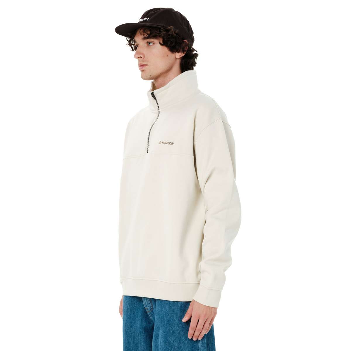 EMERSON MEN’S REGULAR FIT COTTON LOGO HALF-ZIP HOODIE CLAY WHITE