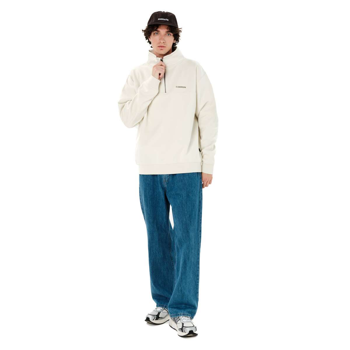 EMERSON MEN’S REGULAR FIT COTTON LOGO HALF-ZIP HOODIE CLAY WHITE