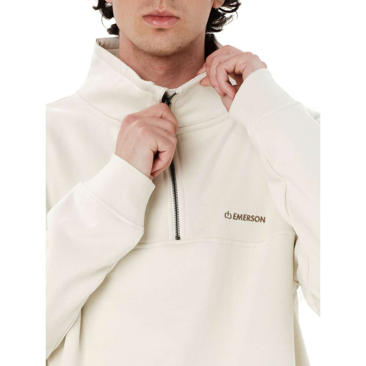 EMERSON MEN’S REGULAR FIT COTTON LOGO HALF-ZIP HOODIE CLAY WHITE