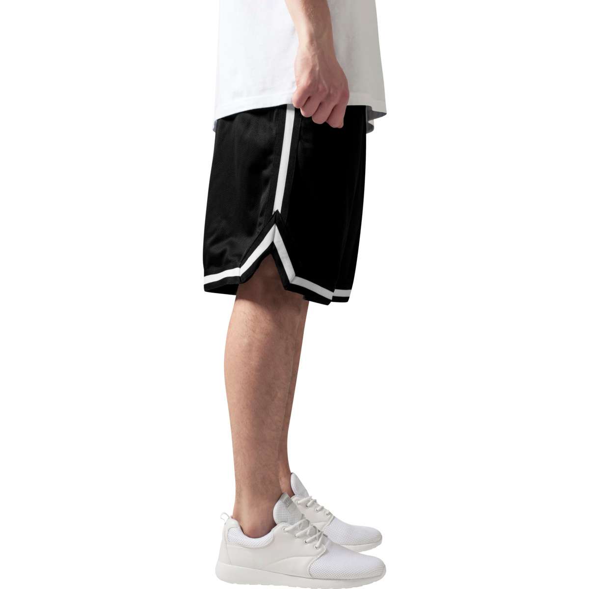 URBAN CLASSICS MEN’S REGULAR FIT POLYESTER STRIPES MESH SHORTS TB243 BLACK / WHITE