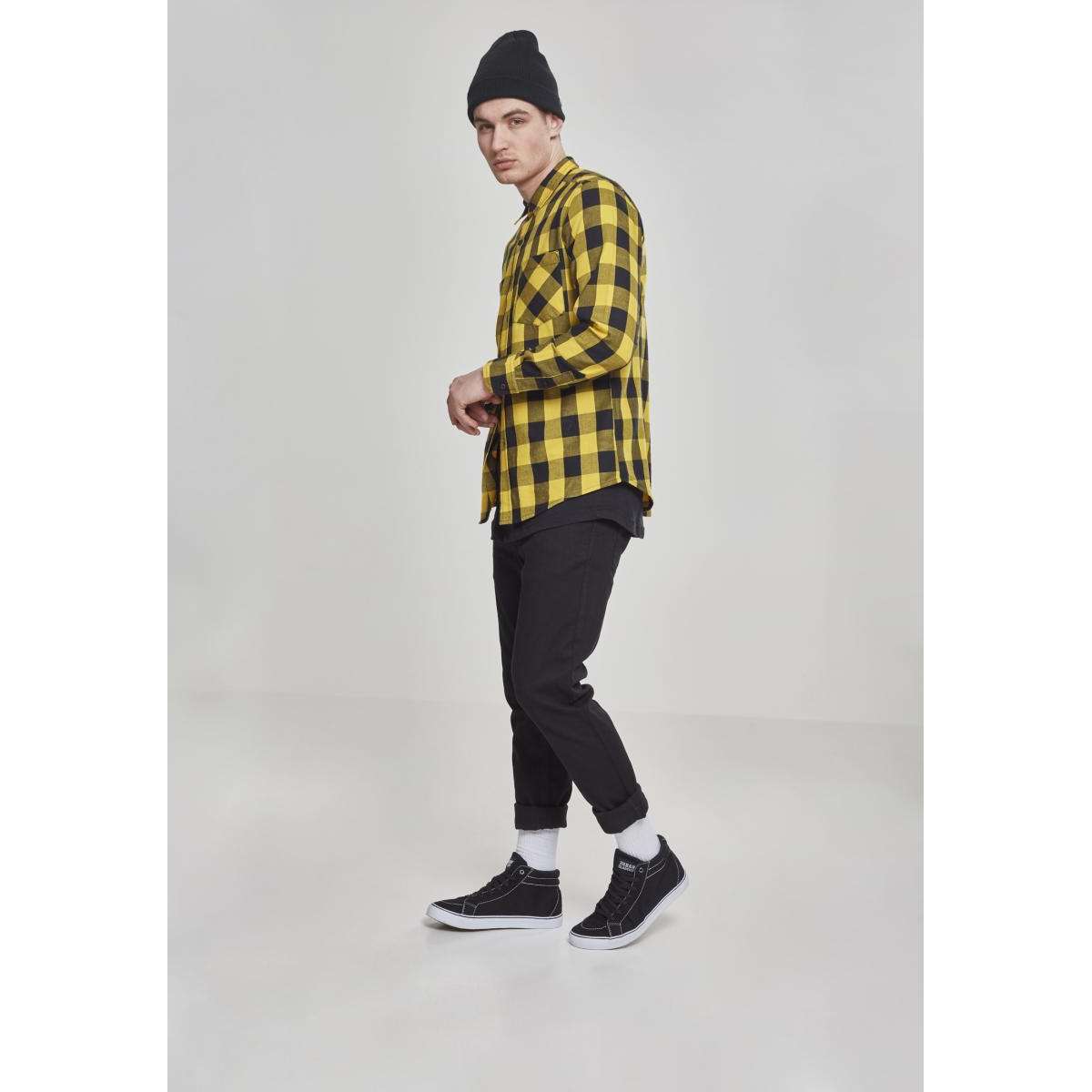 URBAN CLASSICS MEN’S REGULAR FIT COTTON CHECKED FLANELL SHIRT TB297 BLACK / YELLOW
