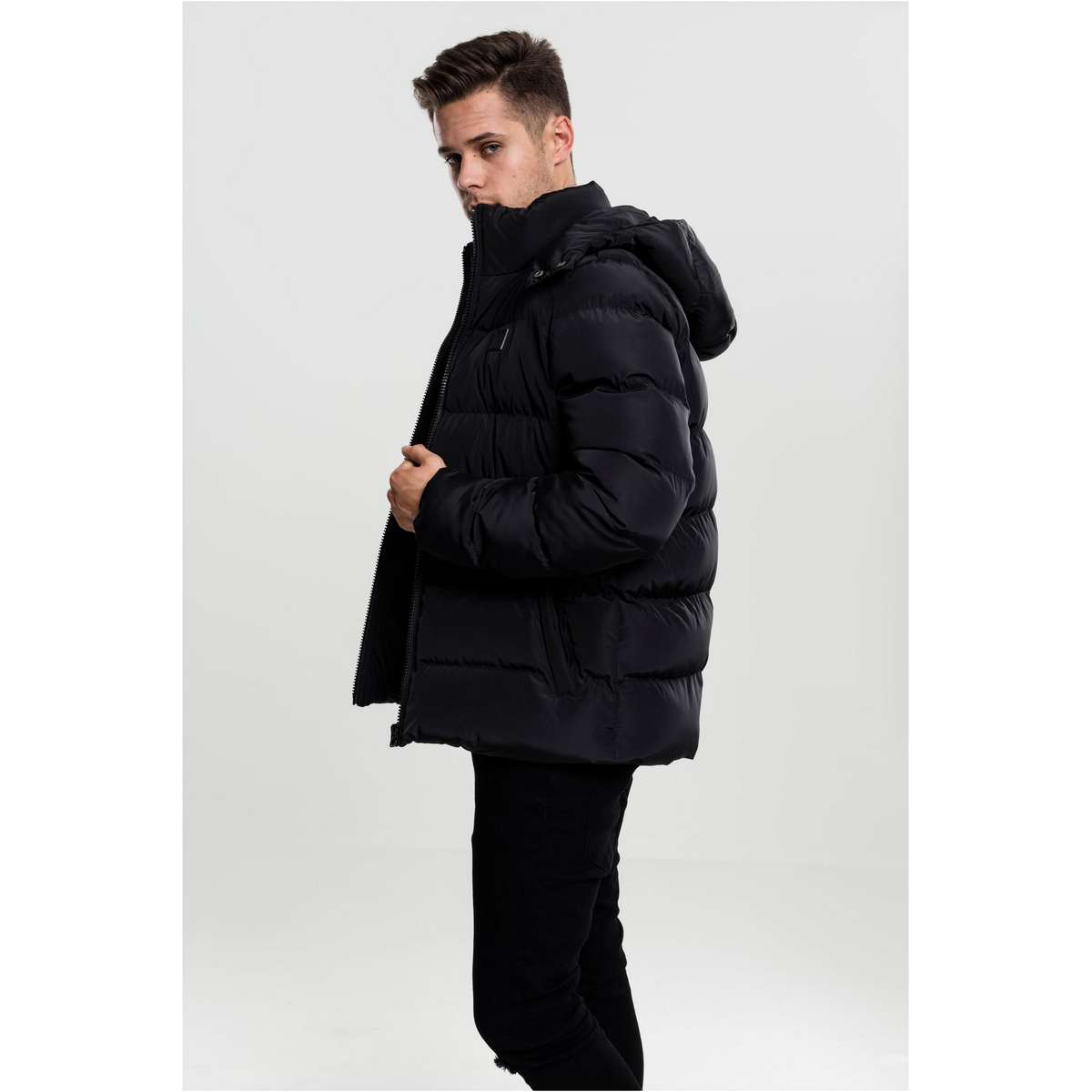 URBAN CLASSICS MEN’S REGULAR FIT POLYESTER HOODED PUFFER JACKET TB1807 BLACK
