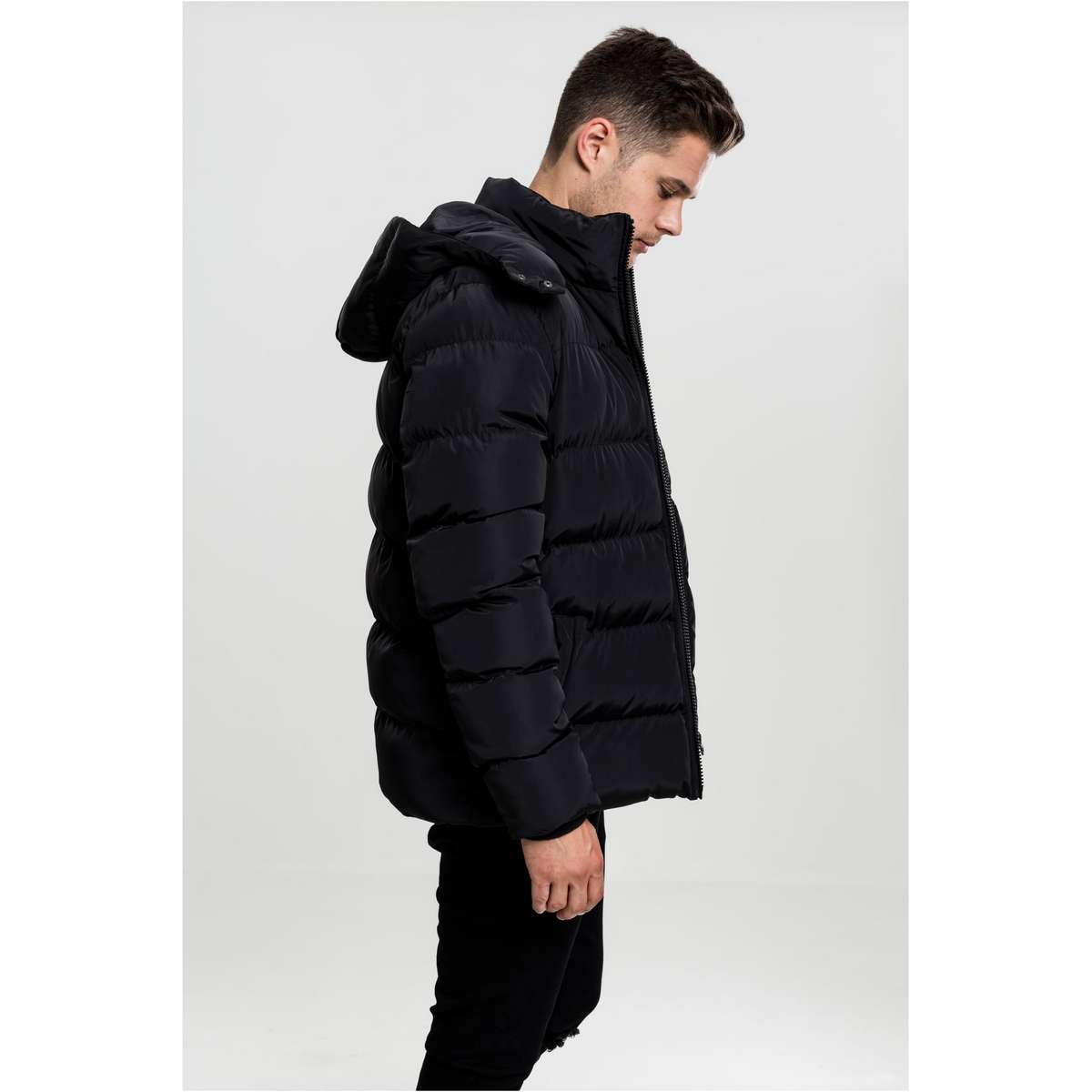 URBAN CLASSICS MEN’S REGULAR FIT POLYESTER HOODED PUFFER JACKET TB1807 BLACK