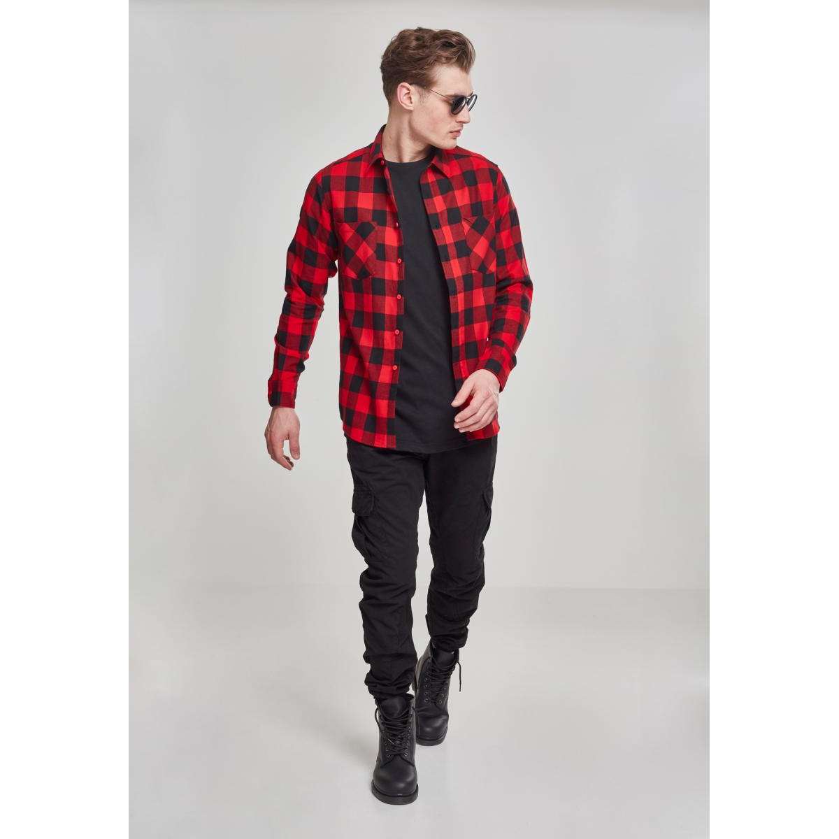 URBAN CLASSICS CHECKED FLANELL SHIRT TB297 BLACK / RED - Μαύρο / Κόκκινο - S
