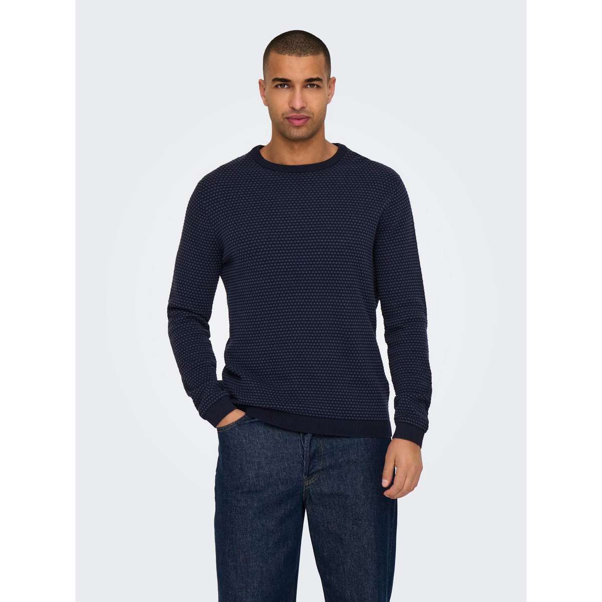 ONLY & SONS MEN’S REGULAR FIT COTTON CREW KNIT MOOD INDIGO DOTS 22027602 NAVY BLAZER