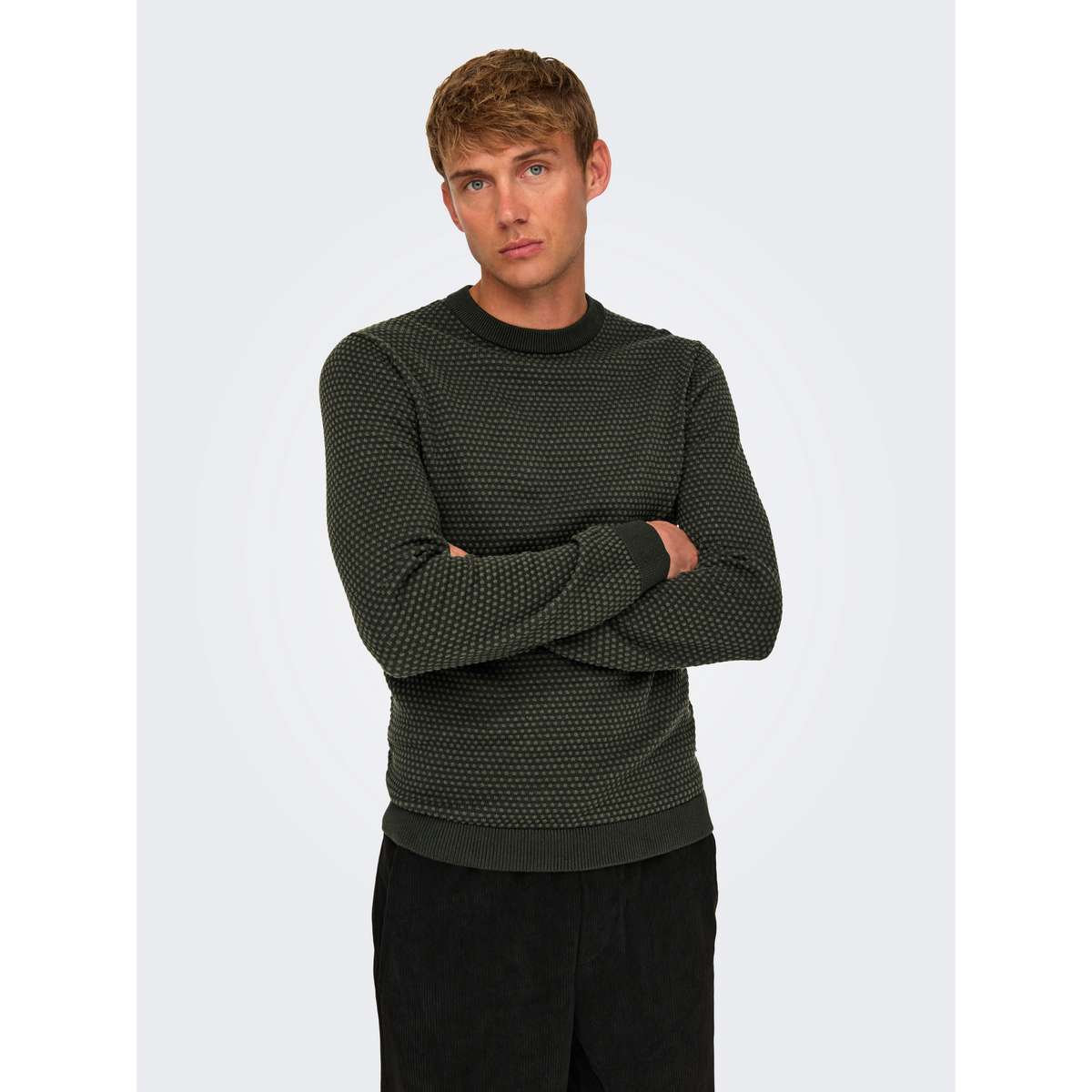 ONLY & SONS MEN’S REGULAR FIT COTTON CREW KNIT MOOD 22027602 ROSIN FOREST NIGHT DOTS 