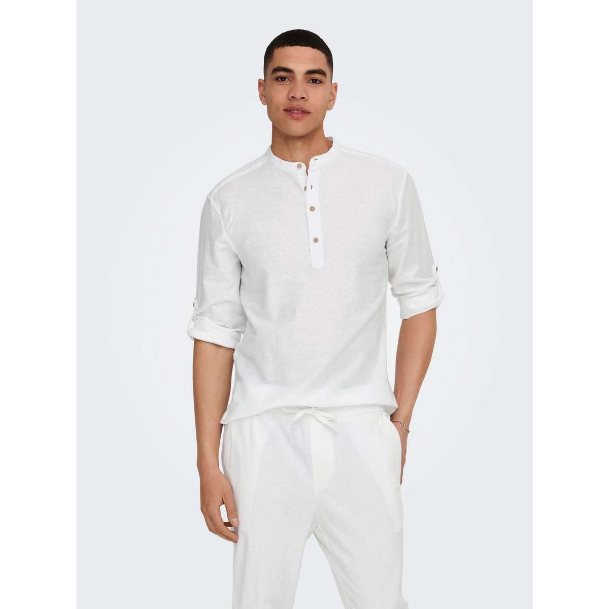 ONLY & SONS MEN΄S SLIM FIT LS HALFPLACKT LINEN SHIRT 22009883 WHITE