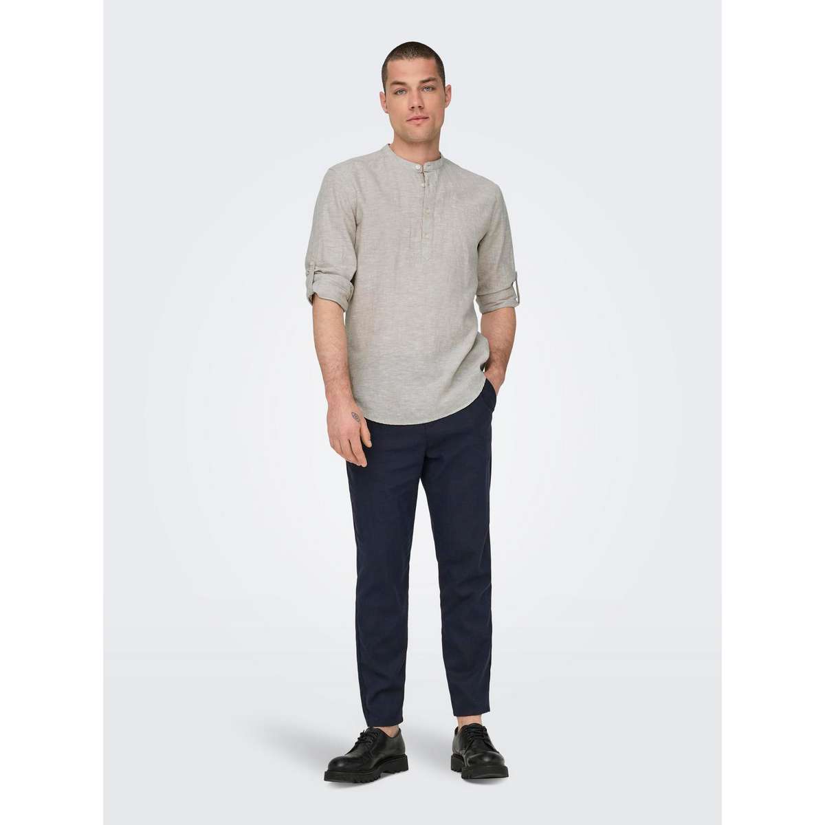 ONLY & SONS MEN΄S SLIM FIT LS HALFPLACKT LINEN SHIRT 22009883 CHINCHILLA
