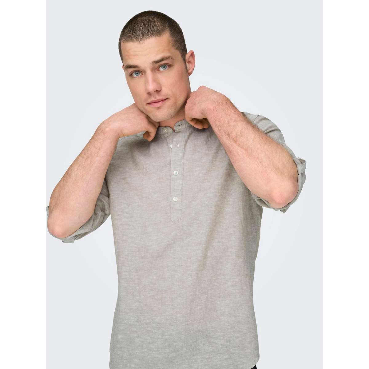 ONLY & SONS MEN΄S SLIM FIT LS HALFPLACKT LINEN SHIRT 22009883 CHINCHILLA