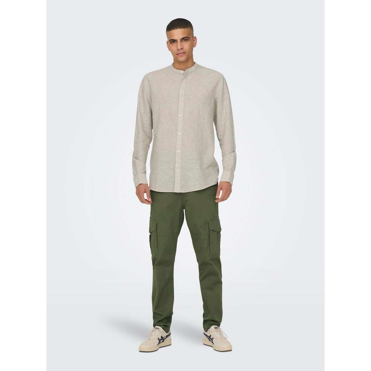 ONLY & SONS MEN’S SLIM FIT LS SOLID LINEN MAO SHIRT 22019173 CHINCHILLA