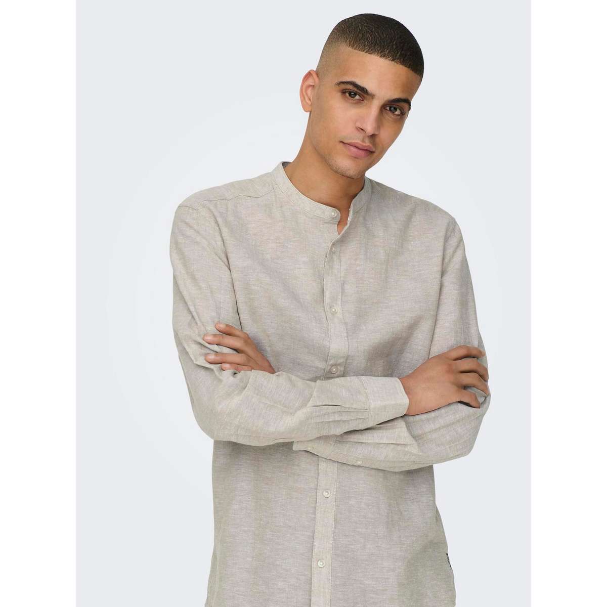 ONLY & SONS MEN’S SLIM FIT LS SOLID LINEN MAO SHIRT 22019173 CHINCHILLA