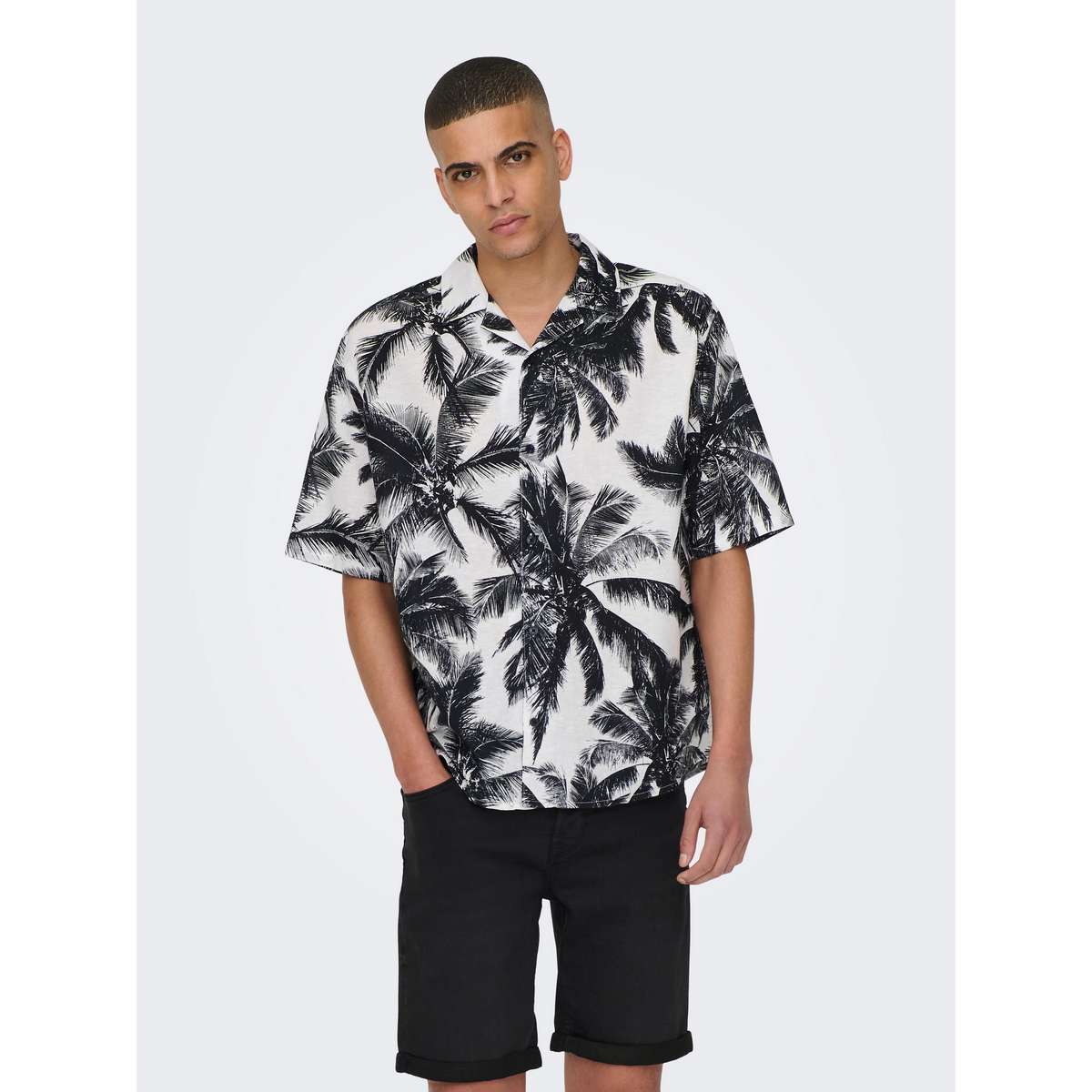 ONLY & SONS RELAX LINEN PALM SS SHIRT 22025639 BRIGHT WHITE - Λευκό - XL