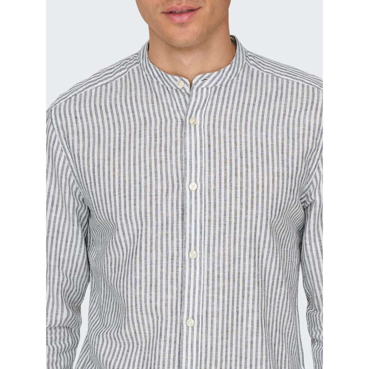 ONLY & SONS MEN’S SLIM FIT LS MAO STRIPE LINEN SHIRT 22026602 DARK NAVY