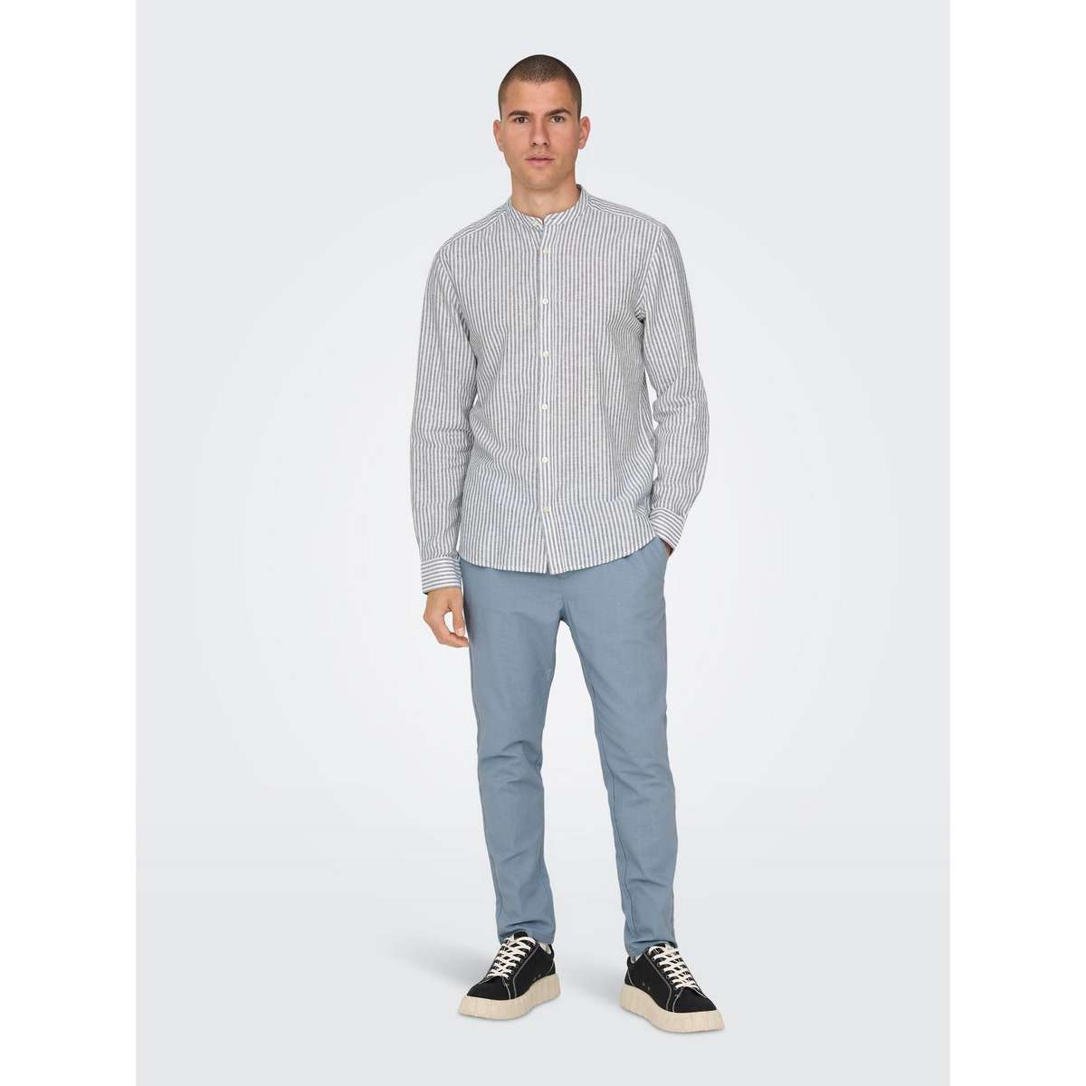 ONLY & SONS MEN’S SLIM FIT LS MAO STRIPE LINEN SHIRT 22026602 DARK NAVY