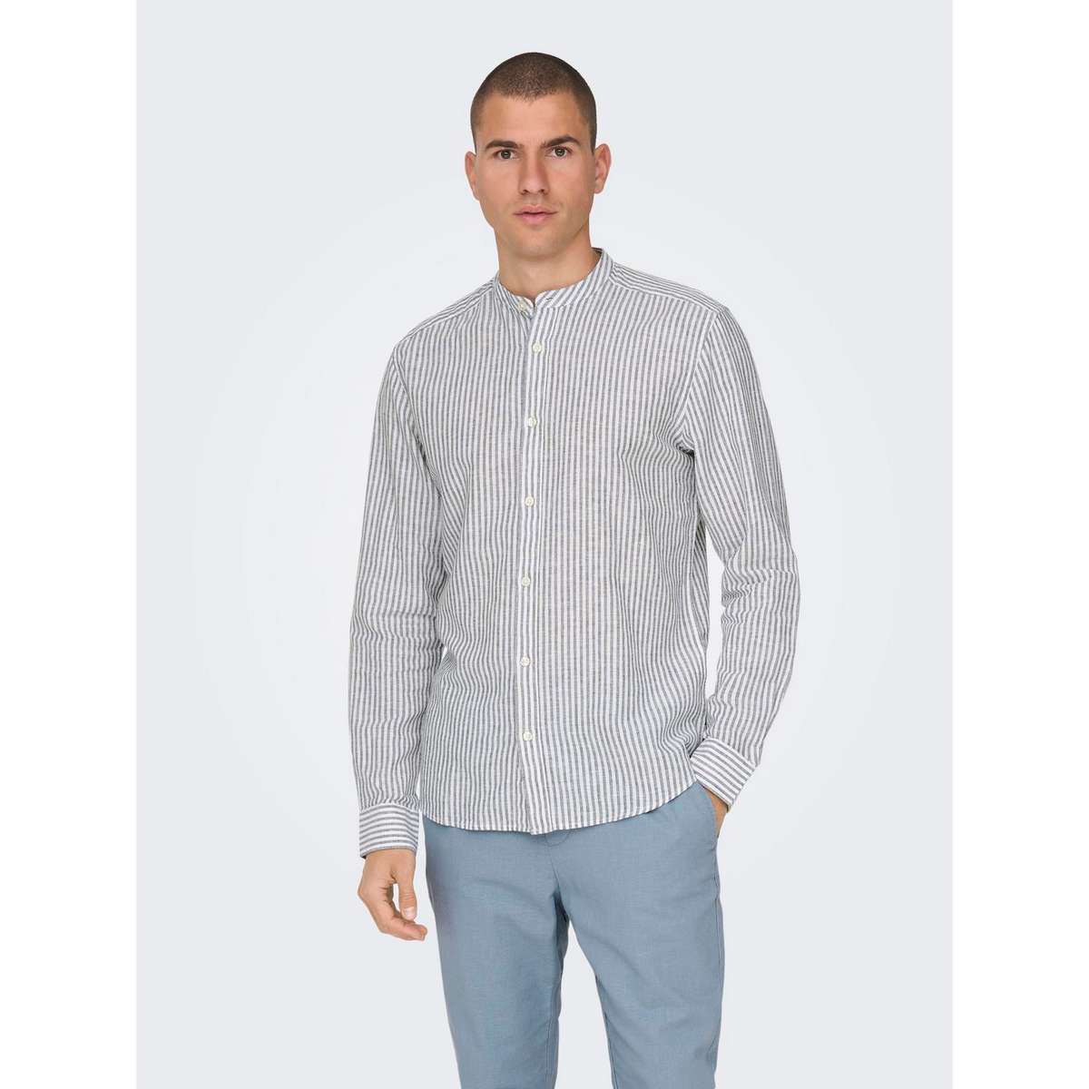 ONLY & SONS MEN’S SLIM FIT LS MAO STRIPE LINEN SHIRT 22026602 DARK NAVY