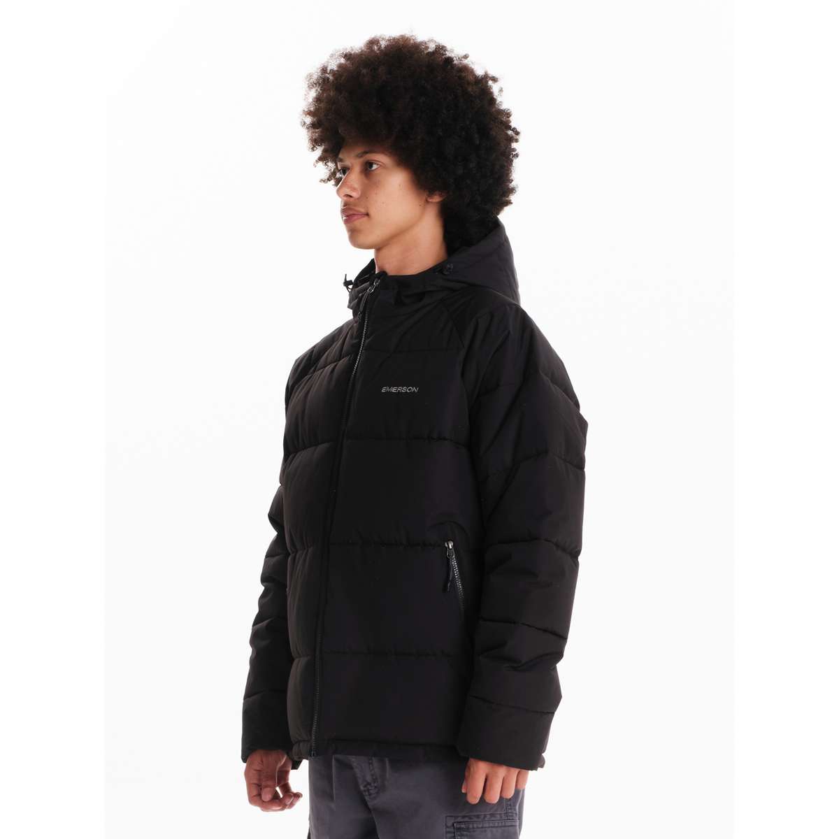 EMERSON MEN’S REGULAR FIT POLYESTER HOODED PUFFER JACKET 242.EM10.90 BLACK