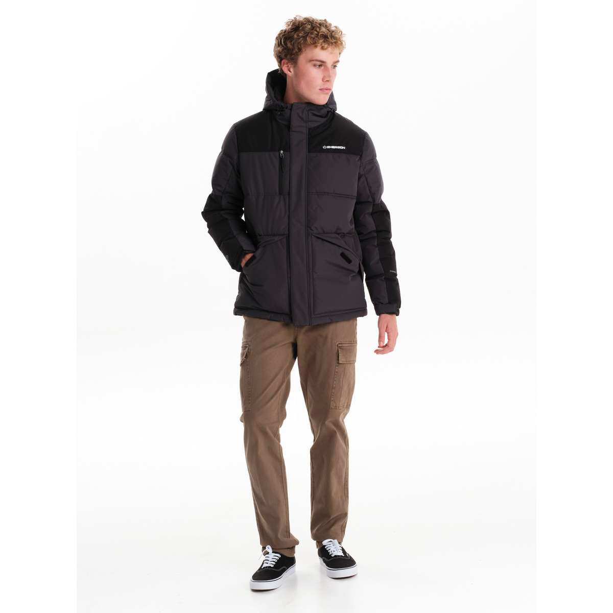 EMERSON MEN’S REGULAR FIT POLYESTER HOODED PUFFER JACKET 242.EM10.58 EBONY / BLACK