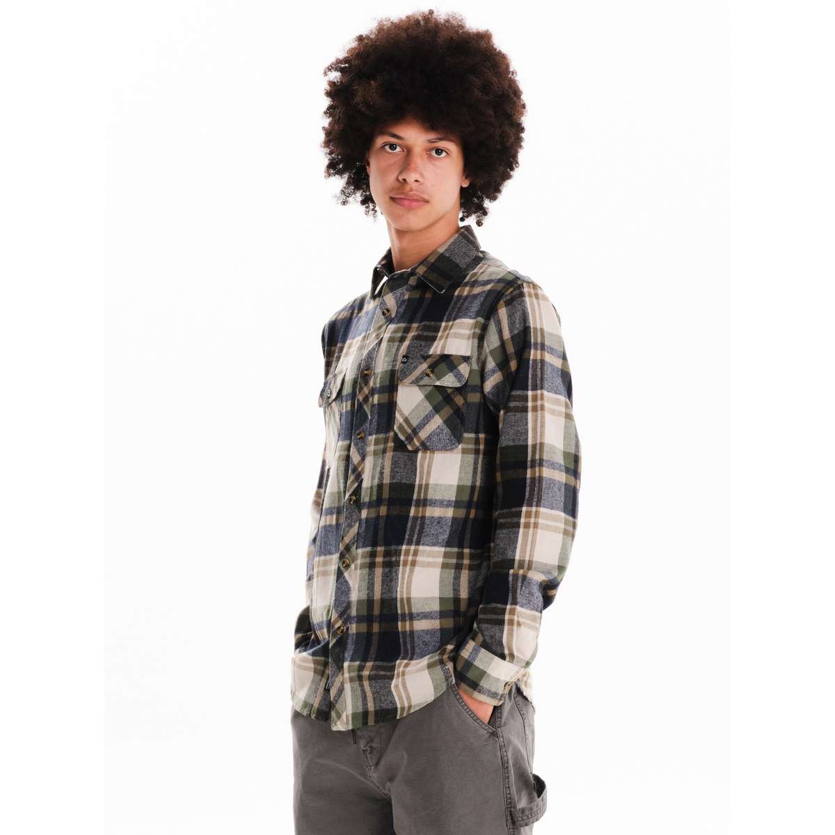 EMERSON MEN’S REGULAR FIT POLYESTER CHECKERED FLANNEL SHIRTS BLUE BLACK/OLIVE