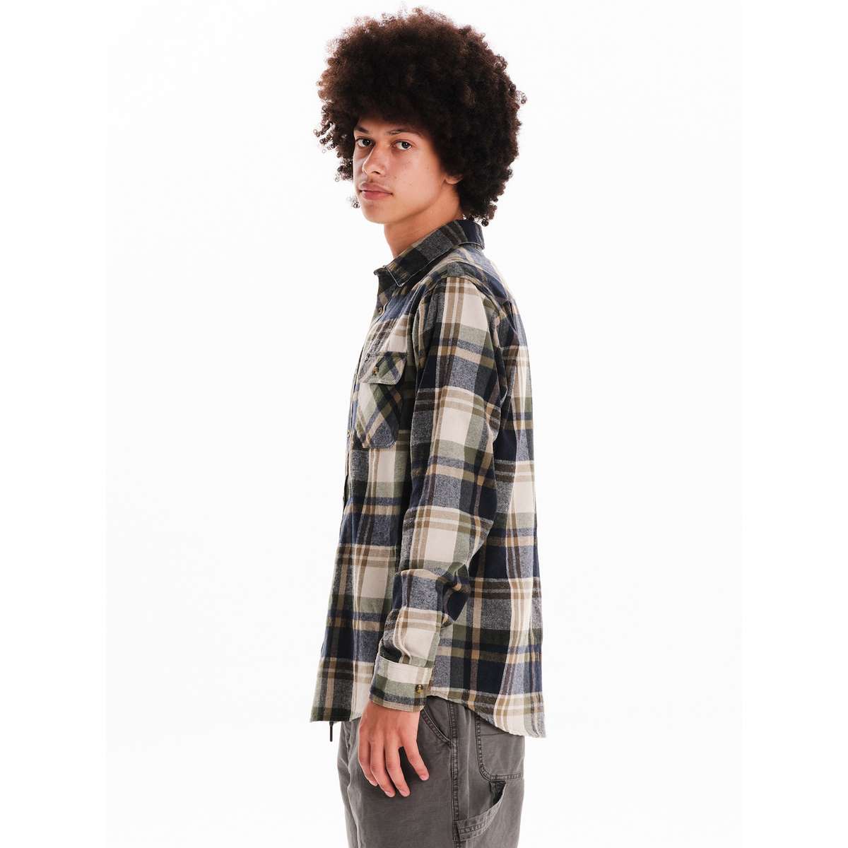 EMERSON MEN’S REGULAR FIT POLYESTER CHECKERED FLANNEL SHIRTS BLUE BLACK/OLIVE