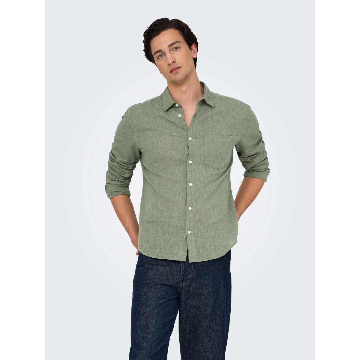 ONLY & SONS MEN΄S REGULAR FIT LINEN LONGSLEEVE SHIRT 1 POCKET 22031804 SWAMP GREEN