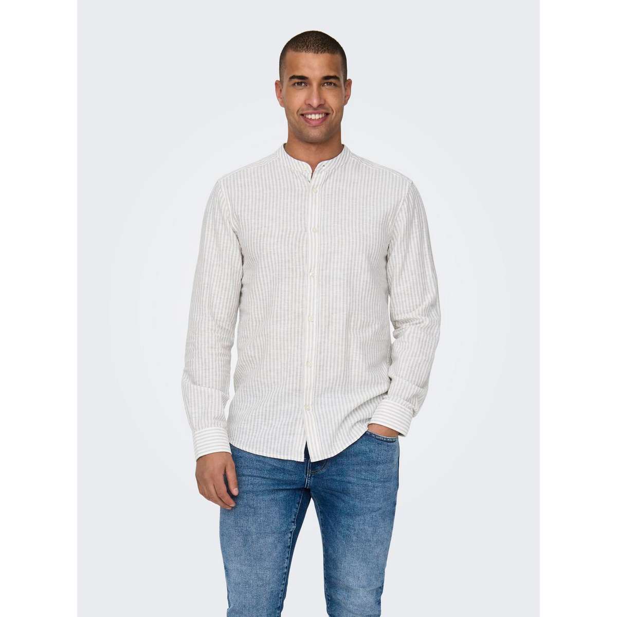 ONLY & SONS MEN’S SLIM FIT LS MAO STRIPE LINEN SHIRT 22026602 CHINCHILLA 