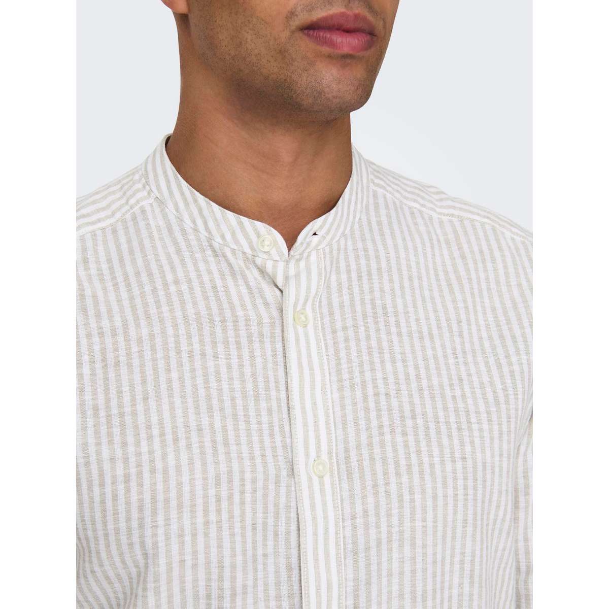 ONLY & SONS MEN’S SLIM FIT LS MAO STRIPE LINEN SHIRT 22026602 CHINCHILLA 