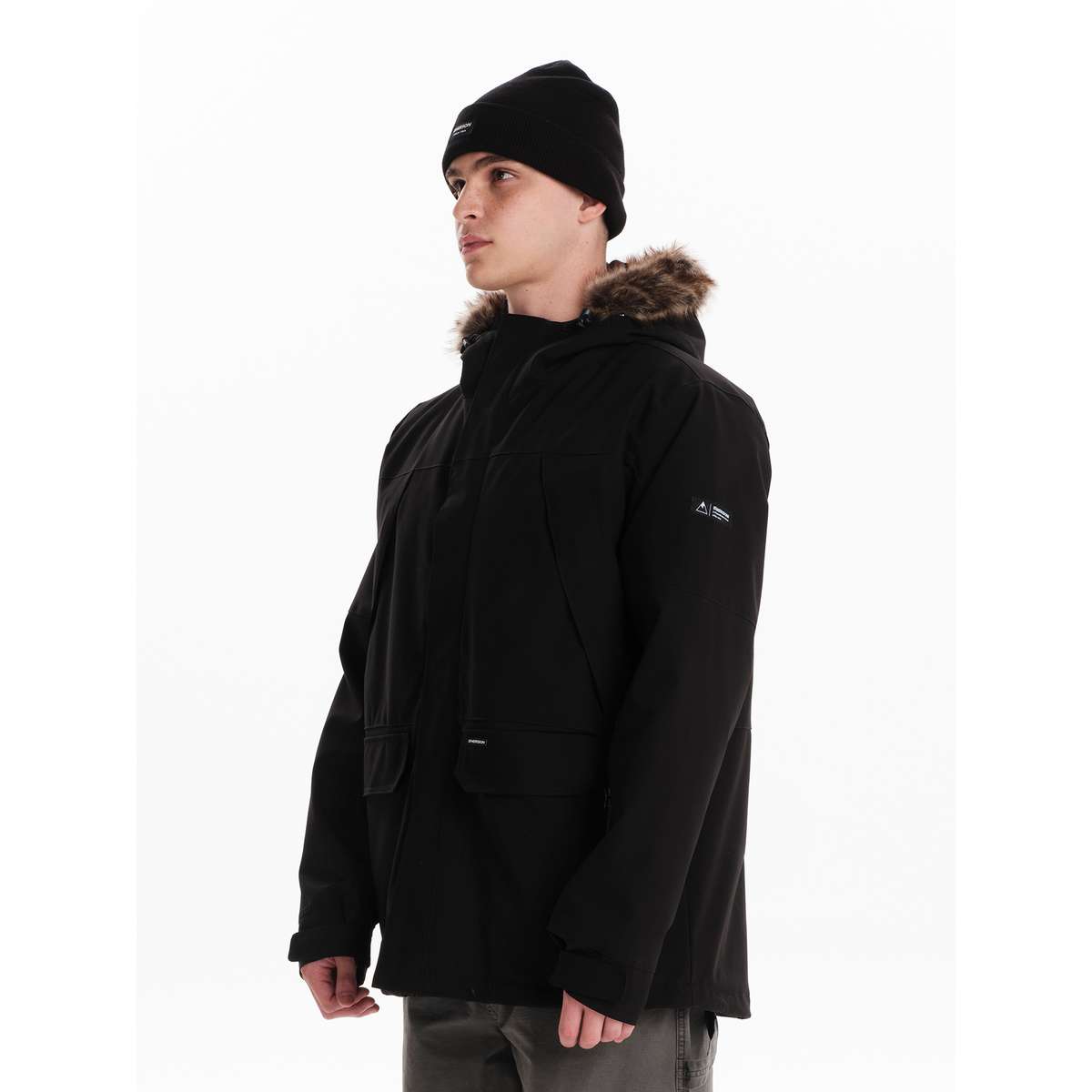 EMERSON MEN’S REGULAR FIT POLYESTER JACKET WITH FUR TRIMMED HOOD BLACK