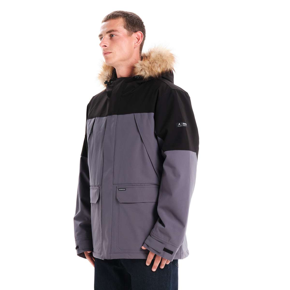 EMERSON MEN’S REGULAR FIT POLYESTER JACKET WITH FUR TRIMMED HOOD DUSTY BLUE/BLACK