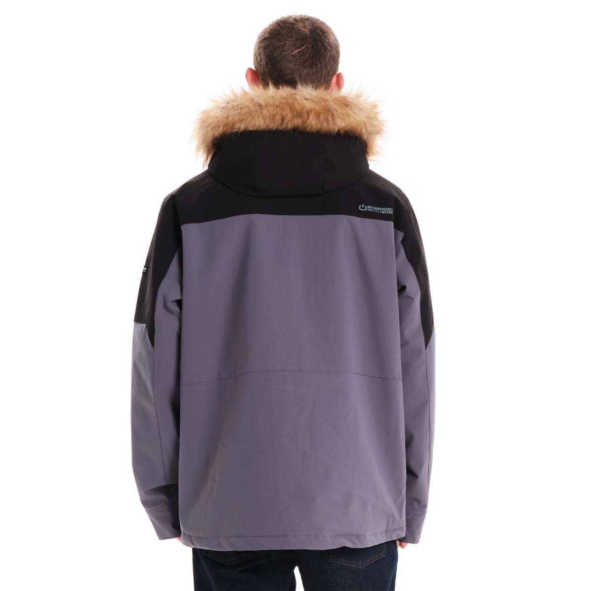 EMERSON MEN’S REGULAR FIT POLYESTER JACKET WITH FUR TRIMMED HOOD DUSTY BLUE/BLACK