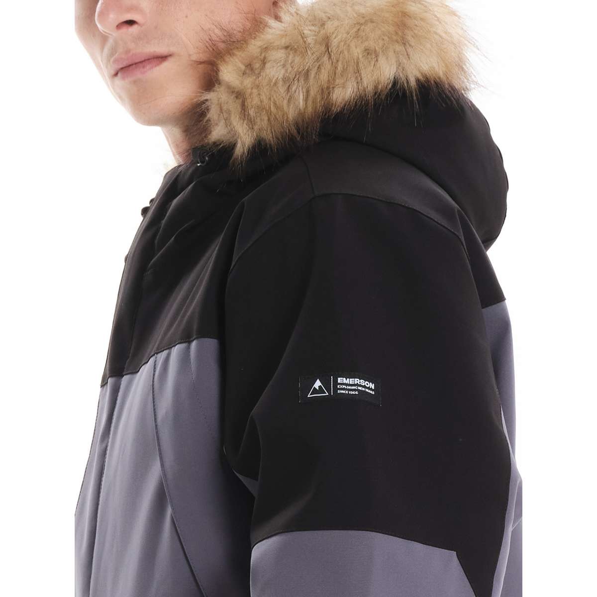 EMERSON MEN’S REGULAR FIT POLYESTER JACKET WITH FUR TRIMMED HOOD DUSTY BLUE/BLACK